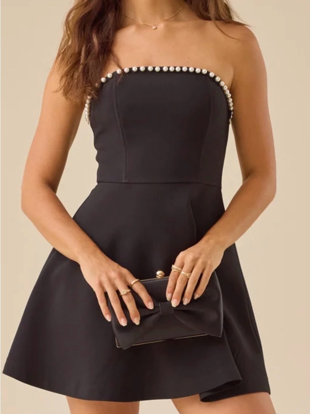 Altar'd State Black Strapless Mini Dress with Pearl Trim